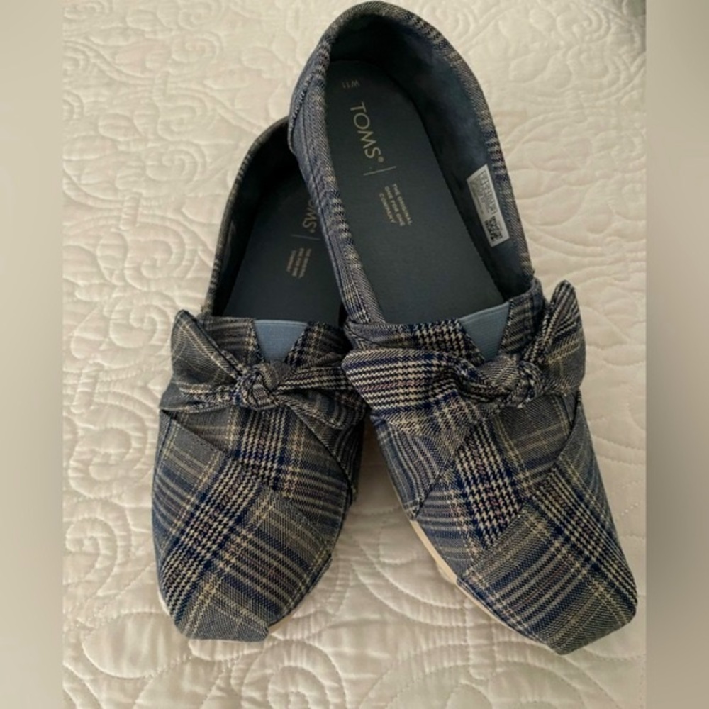 Toms Alpargata Citadel Blue Classic Plaid/Bow flats Sz 11 - Picture 2 of 15